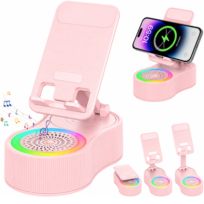 Adjustable Phone Stand with Wireless Charging, Bluetooth Speaker & RGB Light