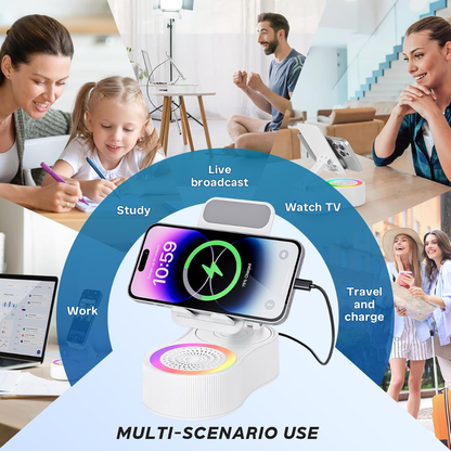 Adjustable Phone Stand with Wireless Charging, Bluetooth Speaker & RGB Light