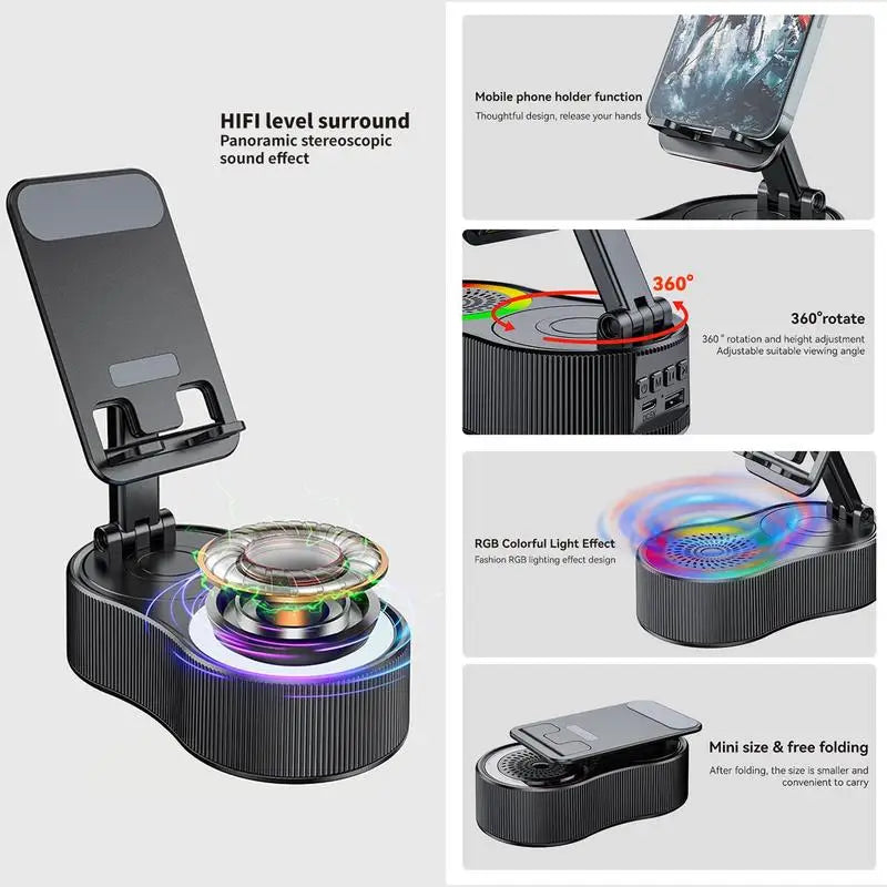 360 Degrees Rotatable Phone Stand with Wireless Bluetooth-Compatible Speaker RGB Light Height Adjustable Cell Phone Holder